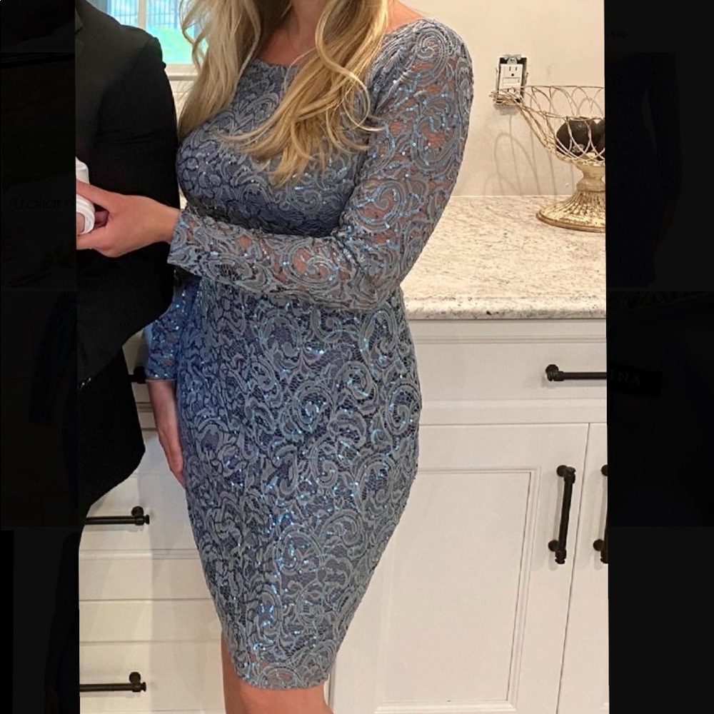 Marina xs blue lace and sequin long sleeve dress